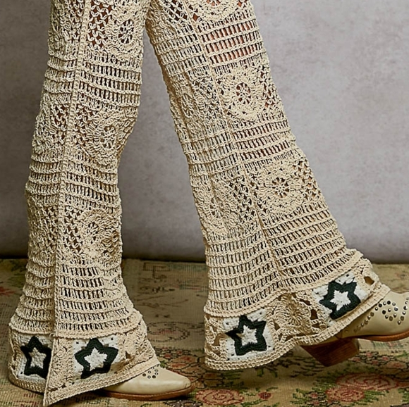 POL High-Rise Star Patchwork Openwork Granny Crochet Flare Leg Retro 70’s Pants - Picture 13 of 16